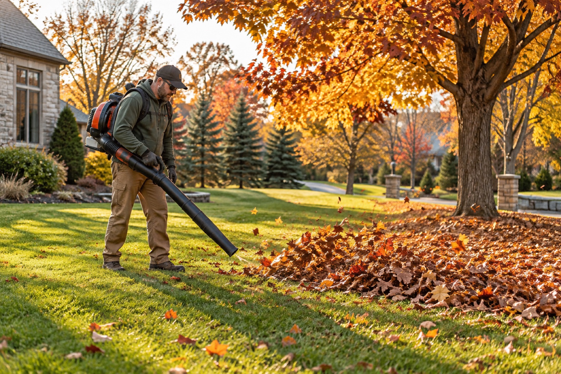 Mock service photo of seasonal leaf cleanup