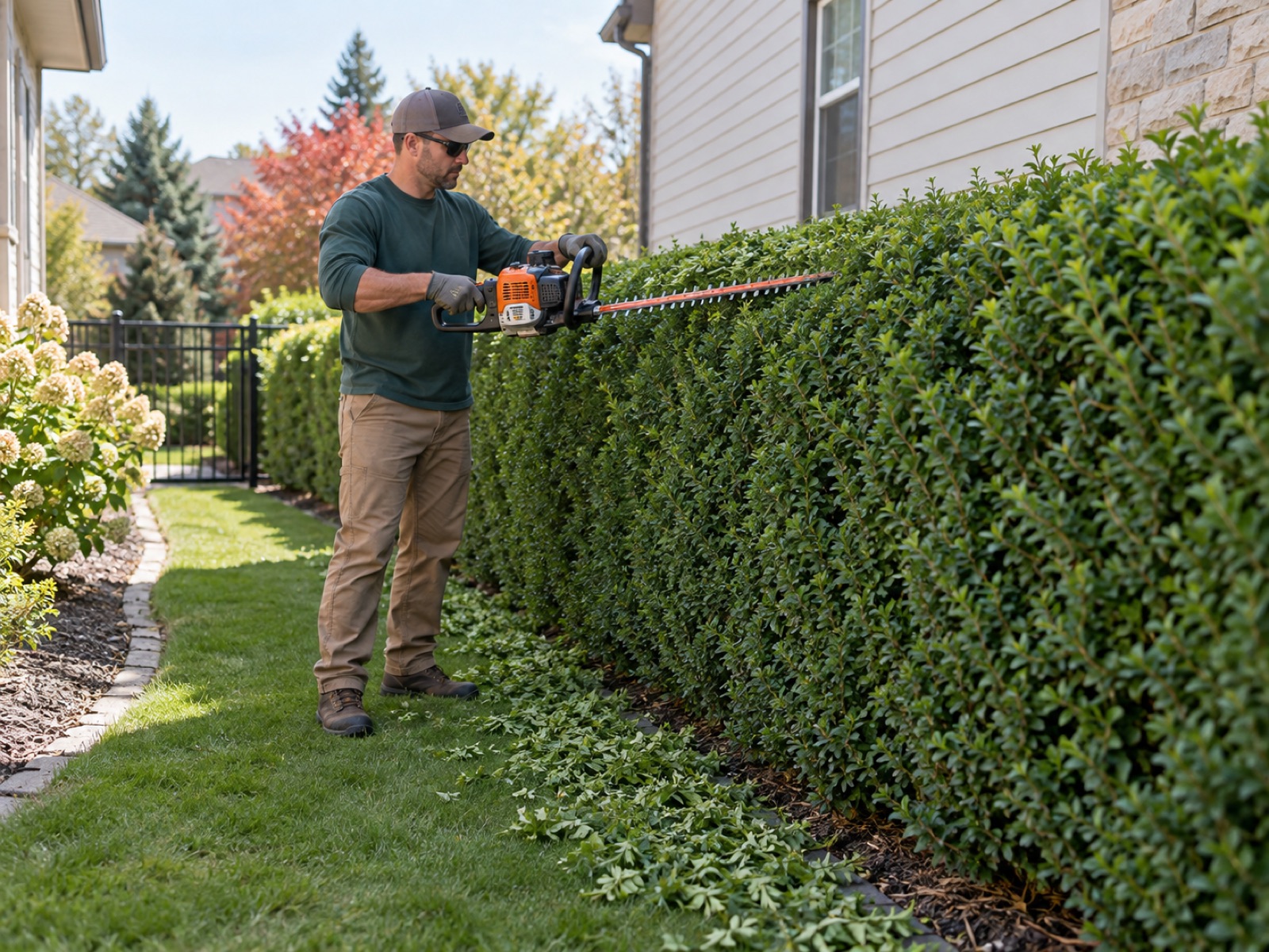 Mock service photo of hedge trimming