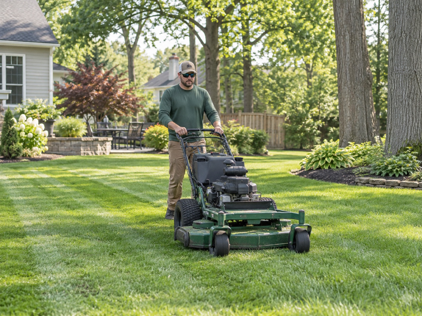 Mock service photo of residential lawn mowing